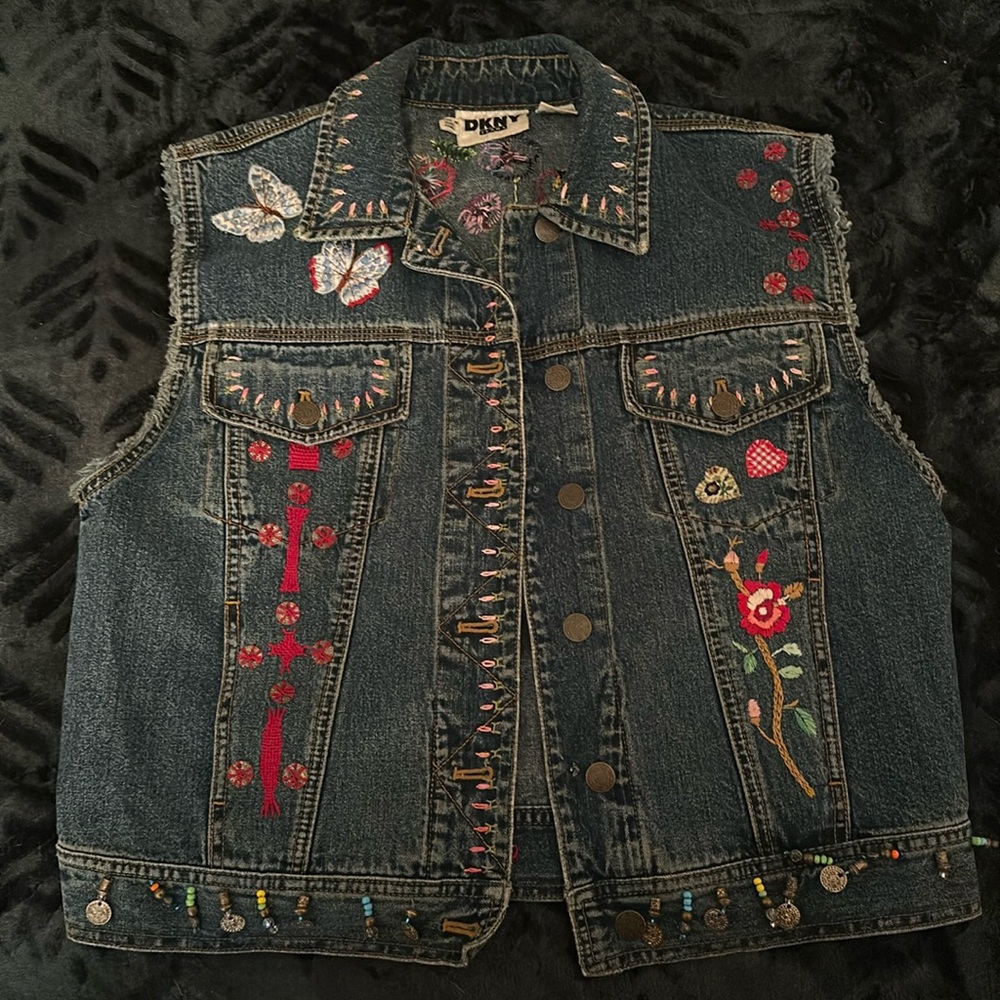 Vintage DKNY Denim Vest Jean Jacket Floral Embroidered 90s Fashion
